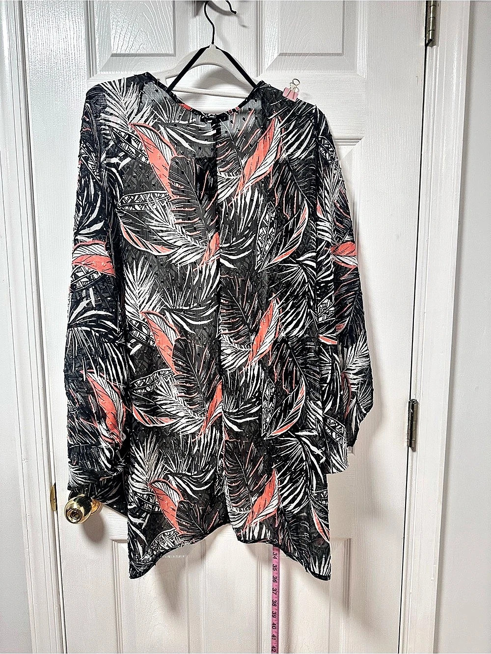 Torrid Tropcl SS Clip Dot Cocoon Kimono Black & Coral 1/2